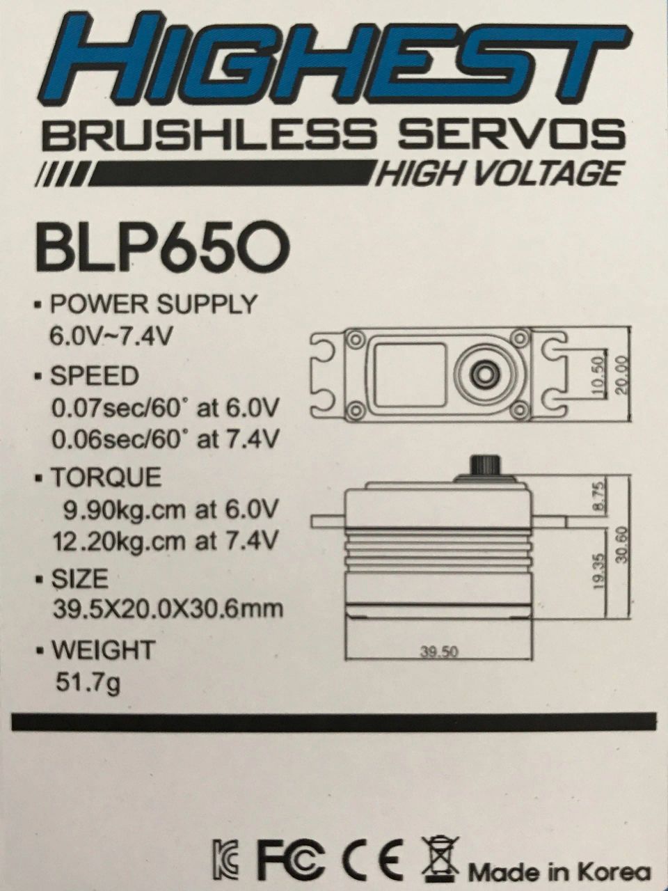 Highest BLP650 Low Profile (0.06s/12.2kg/7.4V) Brushless Servo
