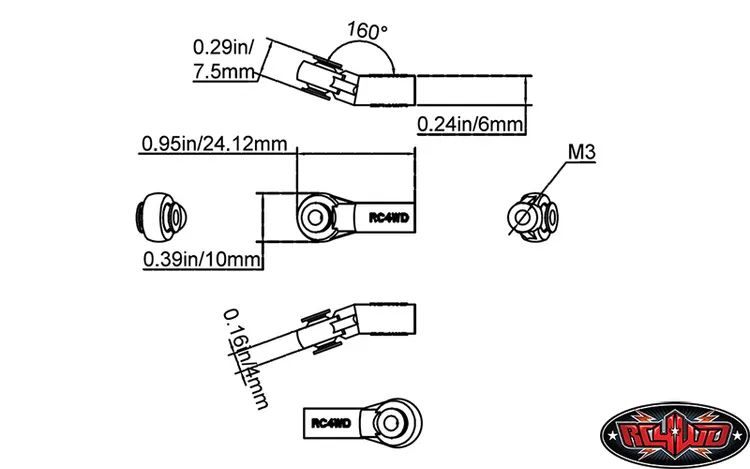 M3 Plastic Bent Rod Ends w/ Axial Width Balls (20x)