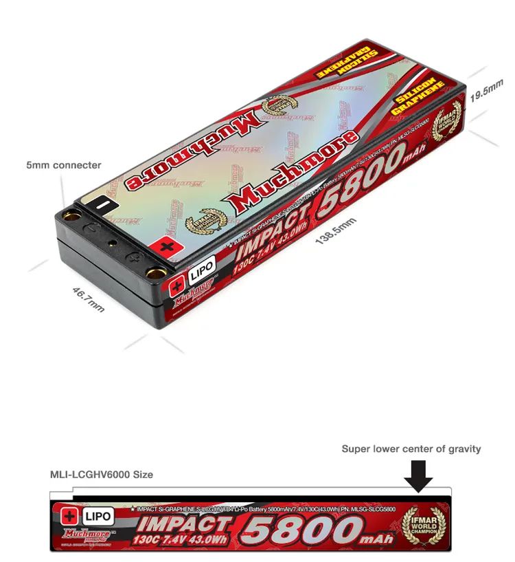 Muchmore Impact Silicon Graphene Super LCG FD4 5800mAh 7.4V 2S 130C HV LiPo (5mm, 240g)